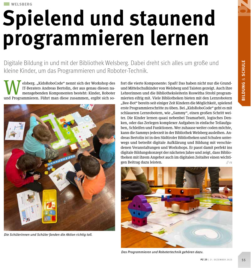 KidsRoboCode: Artikel in Pustertaler Zeitung vom 21.12.2023